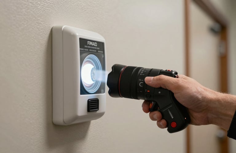 A close-up of a hand using a professional tester on a wall-mounted fire alarm strobelight in a North American hallway.