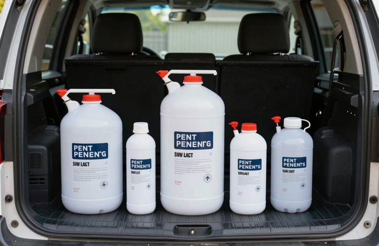 A set of professional-grade, clean pest control canisters and equipment arranged neatly in the back of a service vehicle in a North American / US driveway. Lighting is bright and efficient.