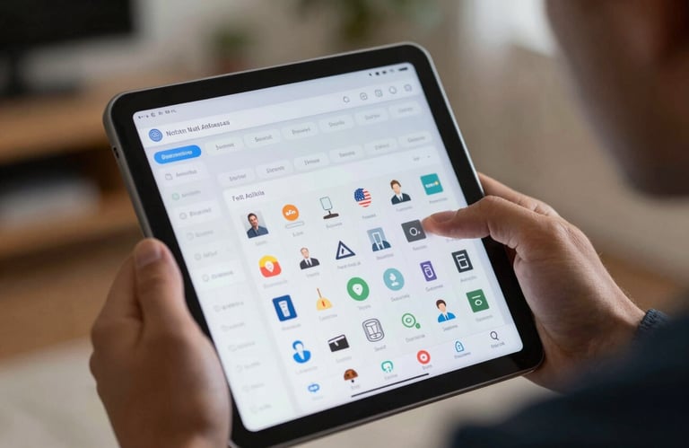 A close-up of a digital tablet showing a scheduling app with professional icons, held by a technician in a North American / US residential setting.