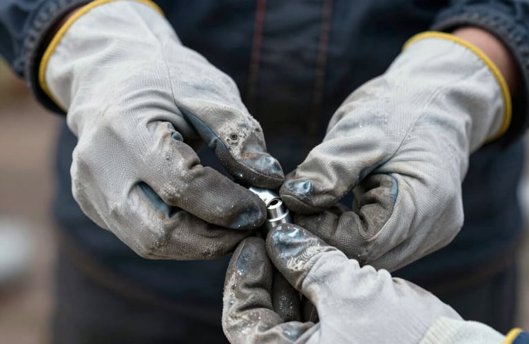 A close-up of a worker's hands in safety gloves precisely fitting a zinc joint, highlighting the 'human touch' and expertise. Robust and trustworthy feel with #90A4AE tones.