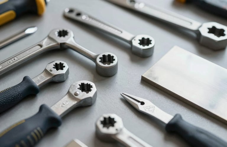 Clean, flat-lay arrangement of professional zinc tools and metal samples on a workshop table, showcasing commitment to high-quality materials and professional tools, in a professional and robust style using #263238.