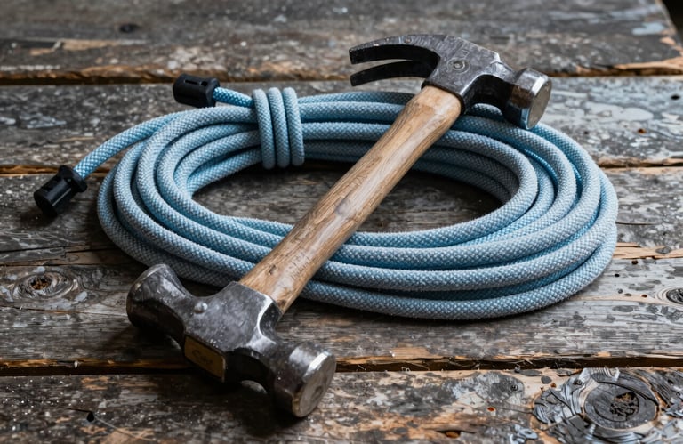 Still life of professional roofing tools, a hammer, and a safety rope on a weathered wooden surface, moody lighting with pale frost blue accents, Western European / French workshop vibe.