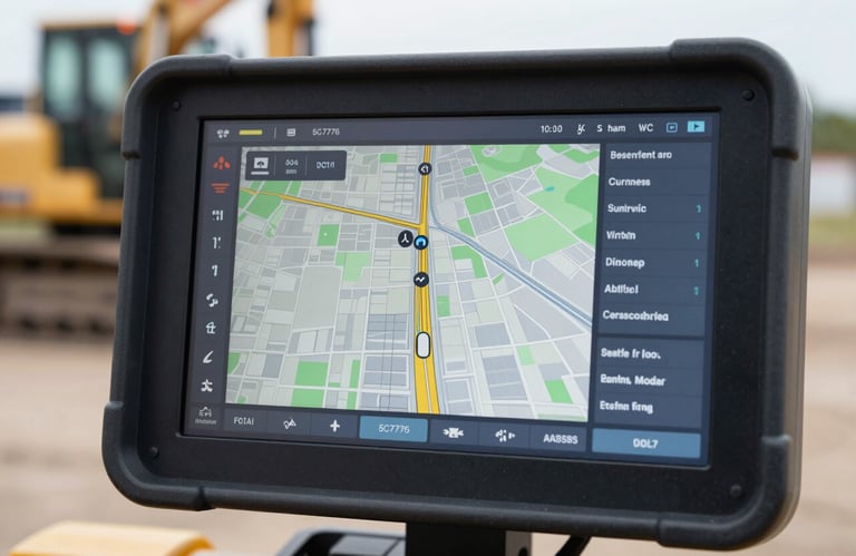 Close-up of modern heavy equipment digital interface showing high-tech GPS site maps and precision metrics. Palette features #5C7776 and #A3B5B5.