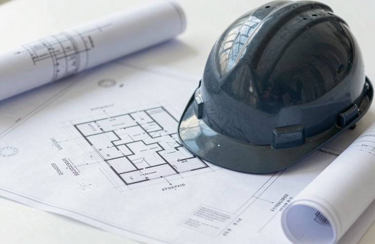 A flat-lay photograph of professional blueprints and a modern hard hat on a clean workspace. The aesthetic is focused on engineering expertise, using colors #2D3A3A and #F0F5F5.