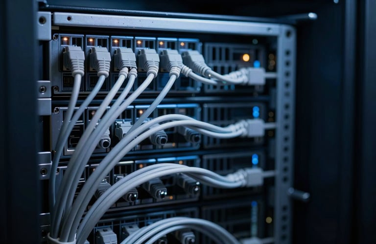 A macro shot of a server room with glowing lights. The cables are neatly organized. The aesthetic is innovative, using dark navy and light blue-grey lighting.