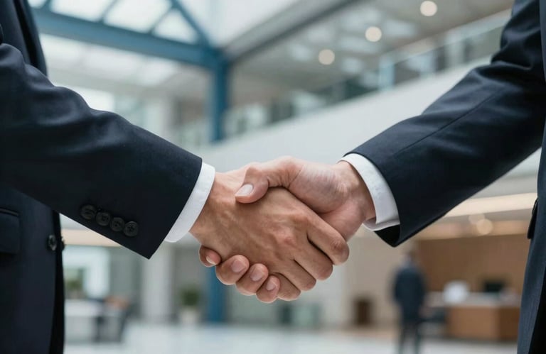 A professional handshake between two people in business suits, focused on the hands. The background is a blurred office lobby with steel blue architectural details.