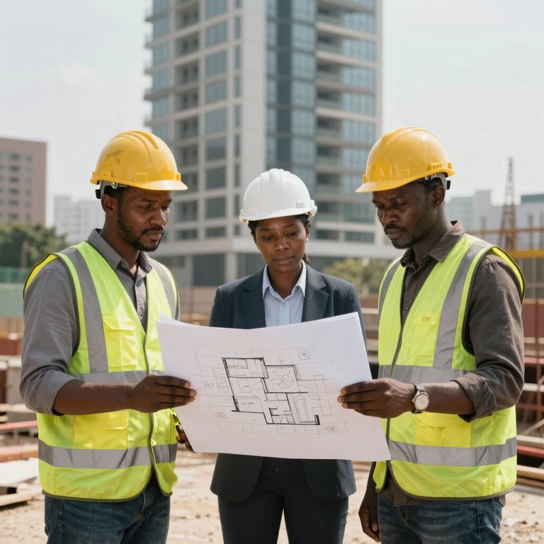 Professional Ivorian civil engineers in safety gear inspecting a construction site, holding architectural plans against a backdrop of a rising modern building.