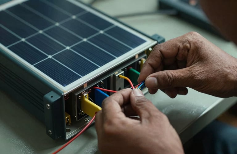 Close-up of the hands of a South Asian / Indian technician carefully connecting wiring in a solar inverter system, detailed focus, soft natural light, dark navy and muted teal tones.