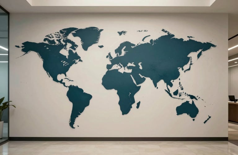 A sleek world map silhouette in a South Asian / Indian corporate headquarters hallway, muted teal and soft off-white lighting, minimal and clean aesthetic.