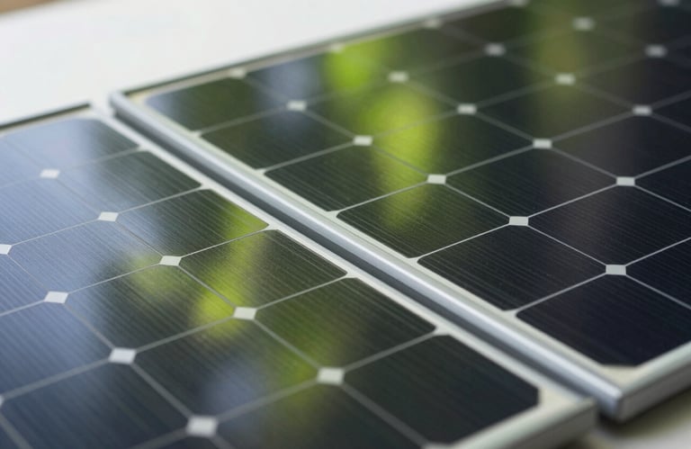 Close-up of high-tech solar cells with metallic details and vibrant leafy green reflections, soft white background, sharp focus, professional tech photography.