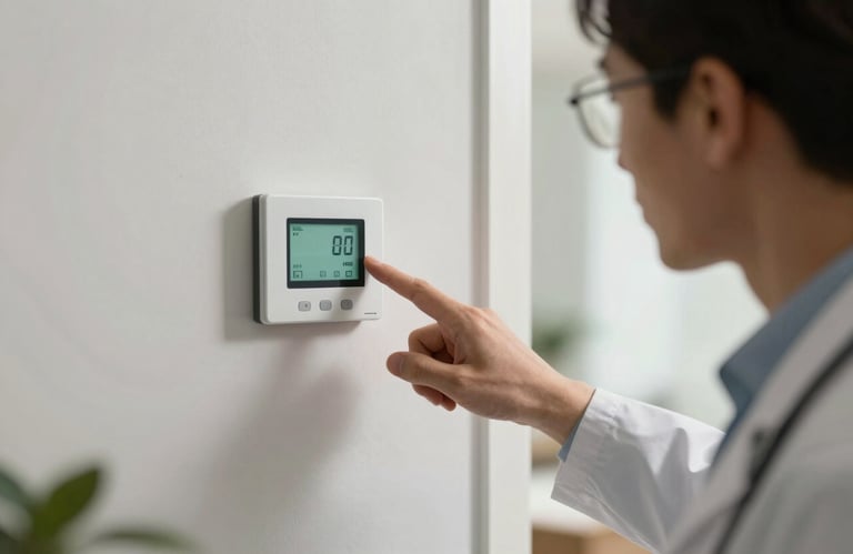 A professional expert pointing at a digital thermostat or energy control panel in a modern French interior, reliable atmosphere, soft natural lighting.