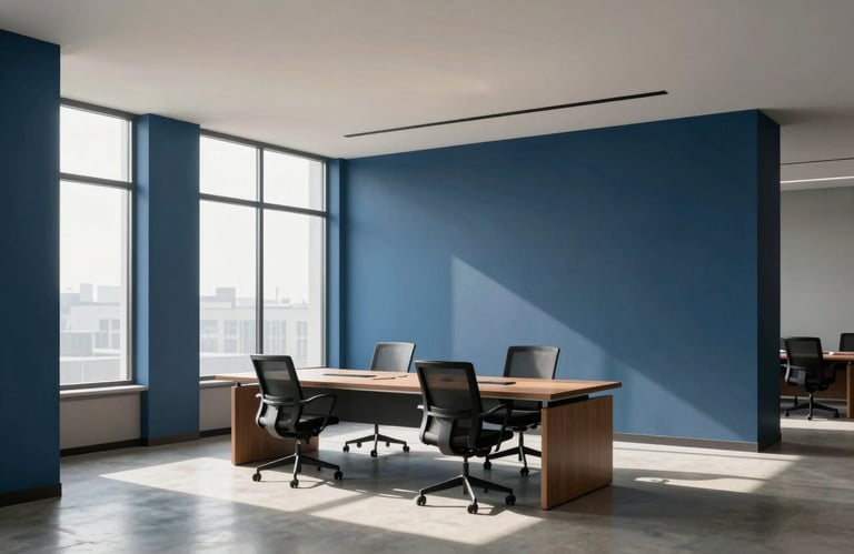 A minimalist North American office interior showcasing a clean workspace with deep blue architectural accents and soft natural morning light, wide shot, professional.