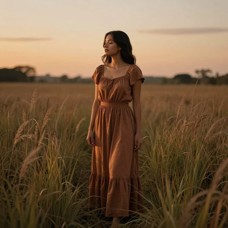 Full-shot photography of a Latin American woman in an earthy-toned dress standing in a field of tall grass during sunset, looking serene with her eyes closed, soft lighting, warm rich coffee tones.