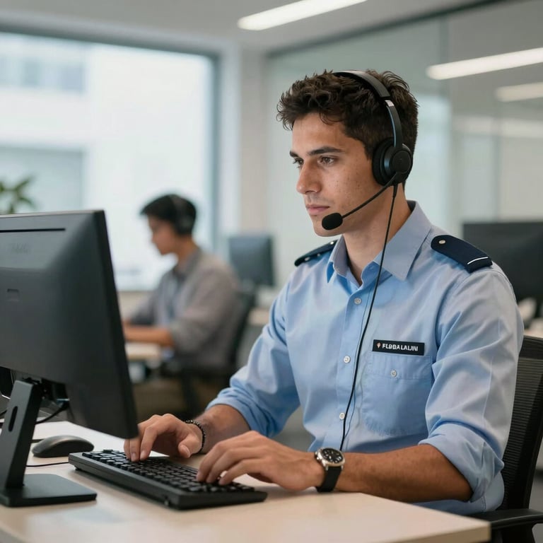 A professional South American male agent in a bright, modern office space using a computer and headset to manage beverage orders efficiently.