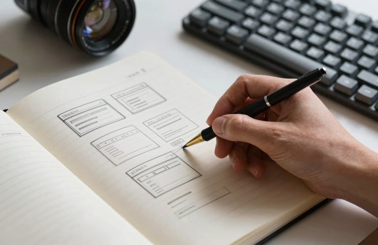 A close-up shot of a designer's hand sketching a website wireframe on a high-quality paper notebook next to a modern mechanical keyboard, soft natural lighting.