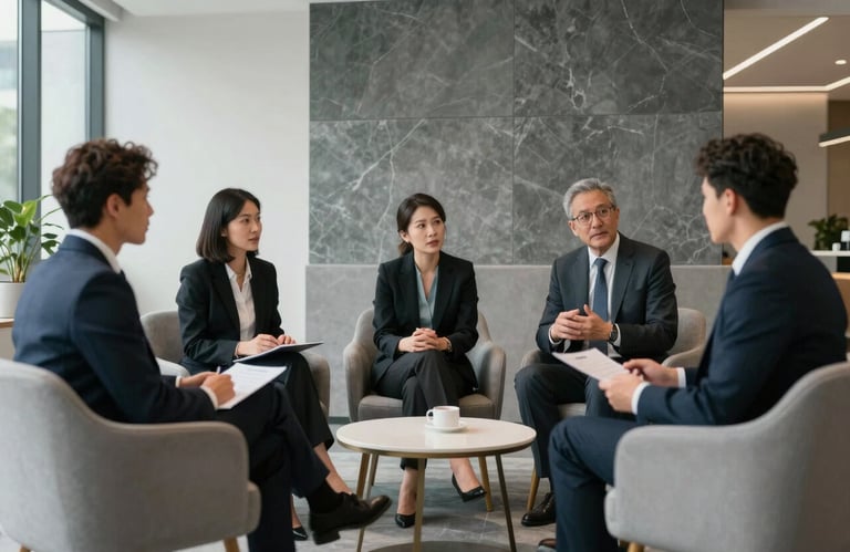 A high-resolution photo of a professional team in a North American / US corporate lounge, engaging in a strategic discussion. Sophisticated atmosphere with cool slate grey and soft off-white decor.