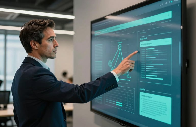A professional marketing consultant in a North American / US office, pointing at a digital strategy board. Modern lighting, dark navy and bright teal color scheme in the environment.