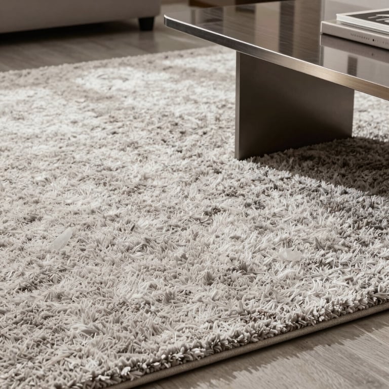 A detail shot of a perfectly vacuumed plush rug and a polished side table in a high-end US home, highlighting cleanliness and attention to detail.