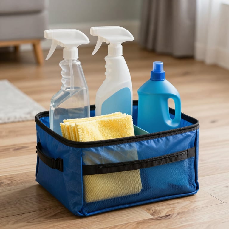 A professional cleaning kit organized neatly in a steel blue carrier, containing bottles and microfiber cloths, sitting on a clean light wood floor in a US home.
