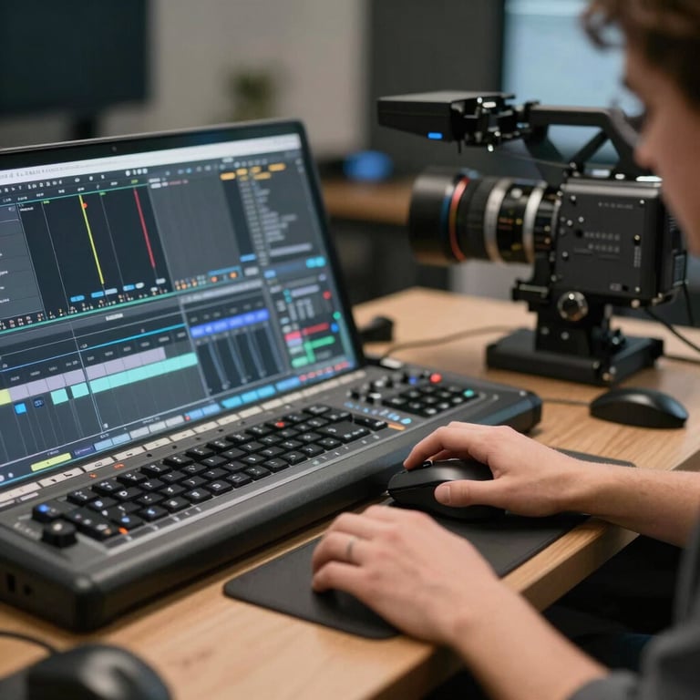 A person's hands in a tech-focused studio in Turkey using a professional video editing console and a high-precision mouse, focused and creative lighting.