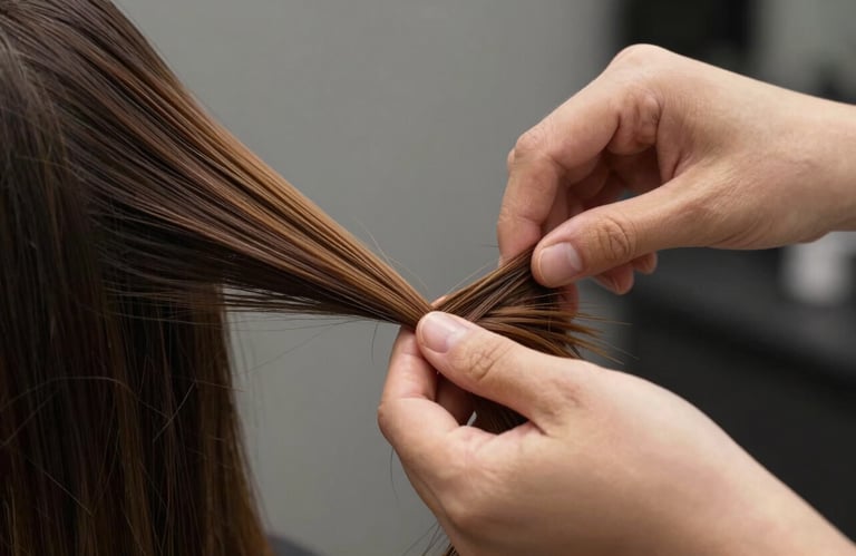 A close-up of a stylist's hands gently working with hair, emphasizing care and professional skill in a warm grey setting.