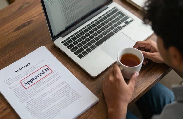 A top-down view of a student's workspace in India featuring a laptop, a cup of tea, and a physical research paper with an 'Approved' stamp.