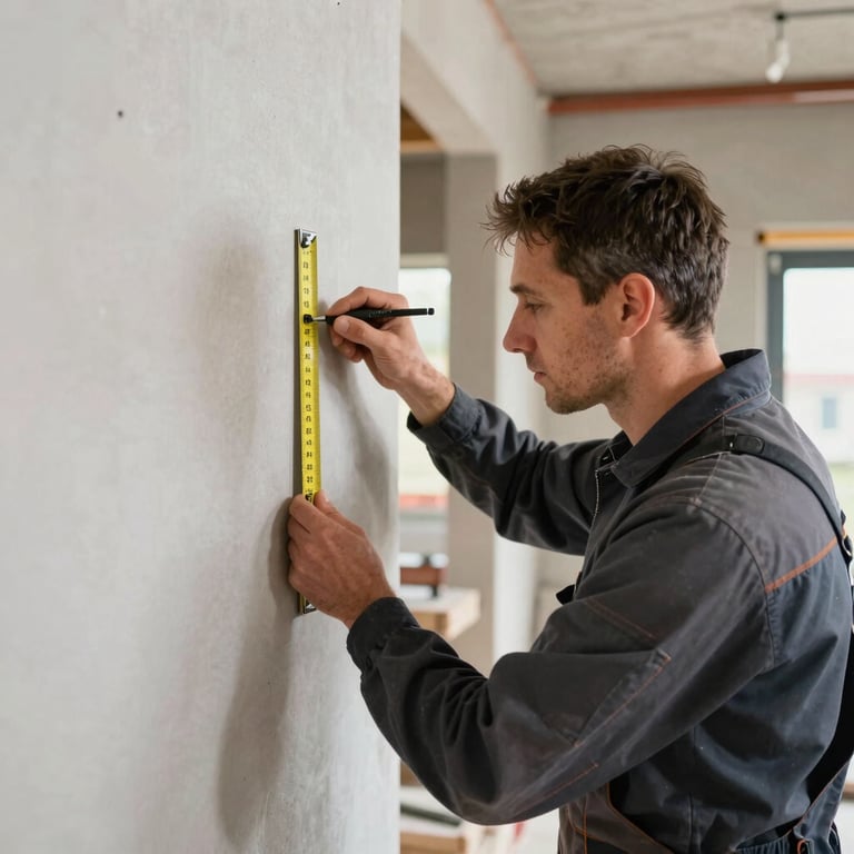 Detailed shot of a professional craftsman in work attire measuring a wall with precision, a clean and organized Dutch construction site.