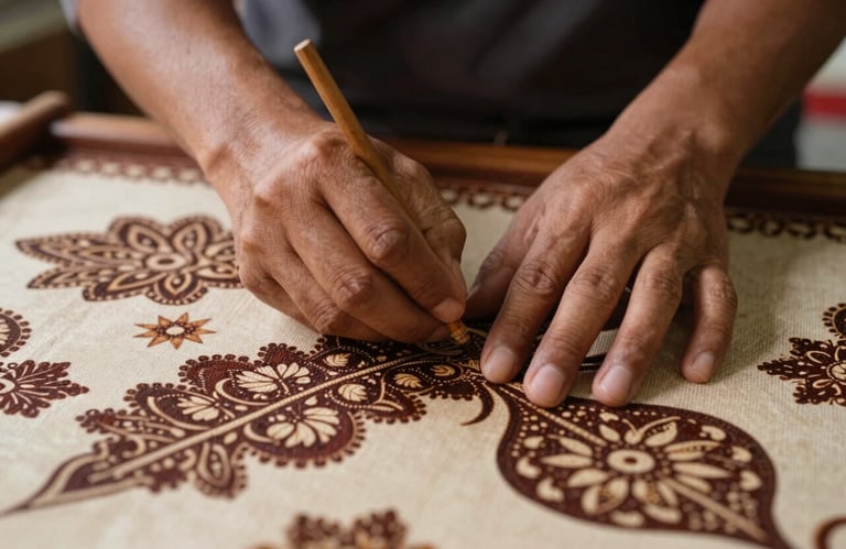 A close-up of a skilled craftsperson's hands working on a traditional batik pattern, showcasing the intricate detail and beauty of Indonesian heritage.
