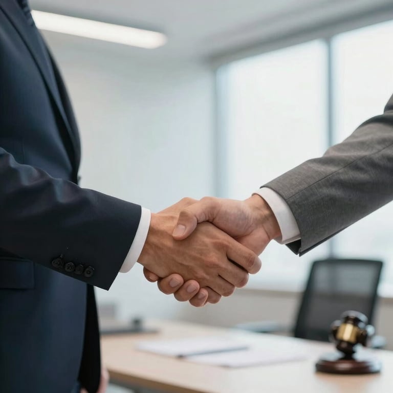 A firm handshake between two business professionals in a light-filled office, representing a successful legal agreement and mutual trust.