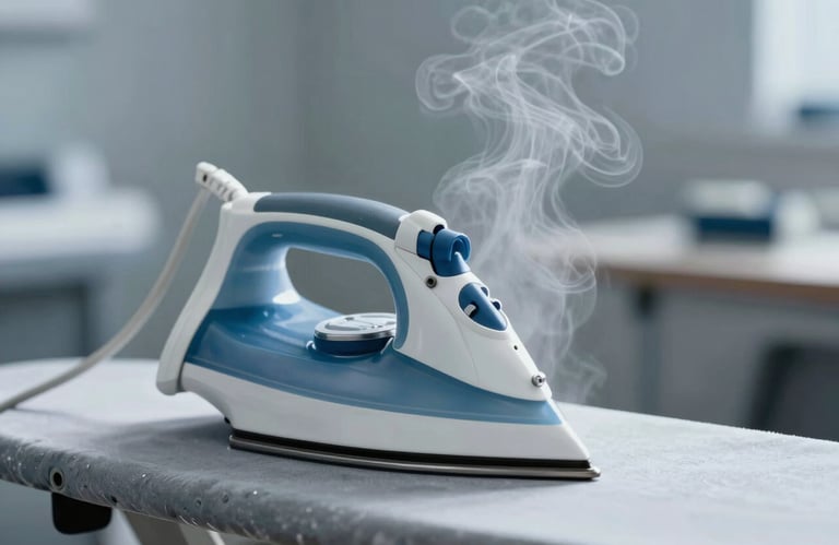 A close-up of a professional steam ironing station, steam rising elegantly from the press. The machinery is high-end industrial grade, emphasizing advanced technical solutions. Tones of #8AA4BC.