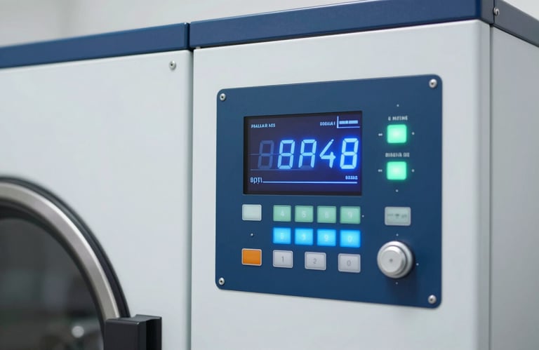 A close-up of a high-tech control panel on an industrial laundry machine, showing digital displays and precise settings. Colors used: #0B1A2B for the panel and #8AA4BC for the digital glowing elements.