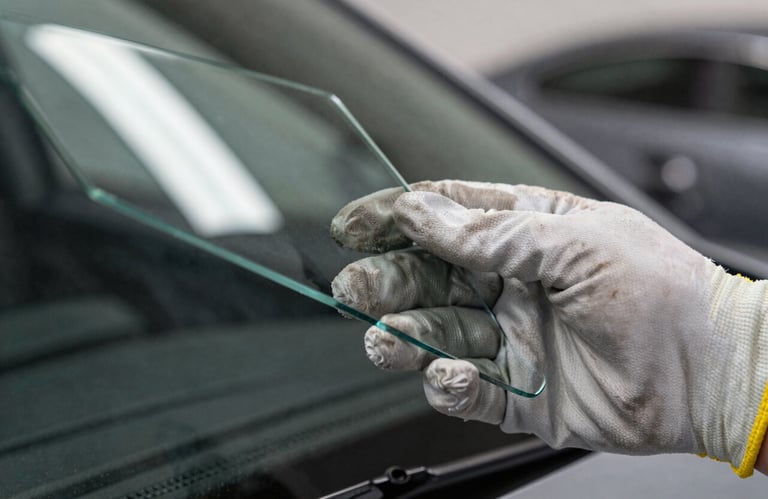 Close-up of a hand in a professional work glove holding a piece of high-quality automotive glass. Focused, professional lighting, North American context.