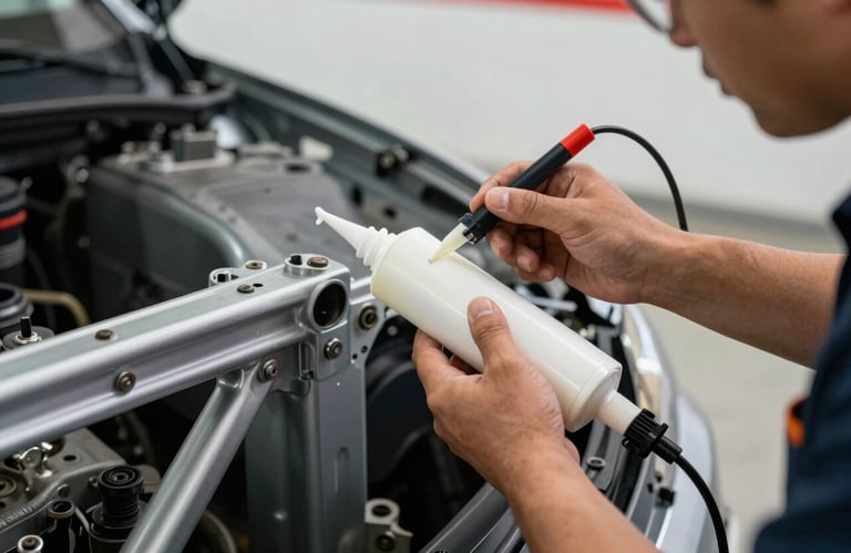 Action shot of a service technician's hands applying industrial sealant to a car frame. Clean, sharp focus, professional setting in North America.