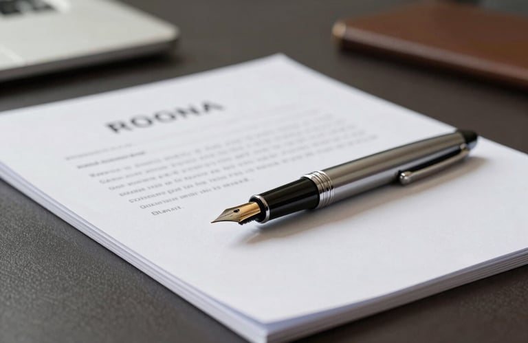 A close-up of a high-quality fountain pen and legal documents on a dark desk in a modern South American / Brazilian office.