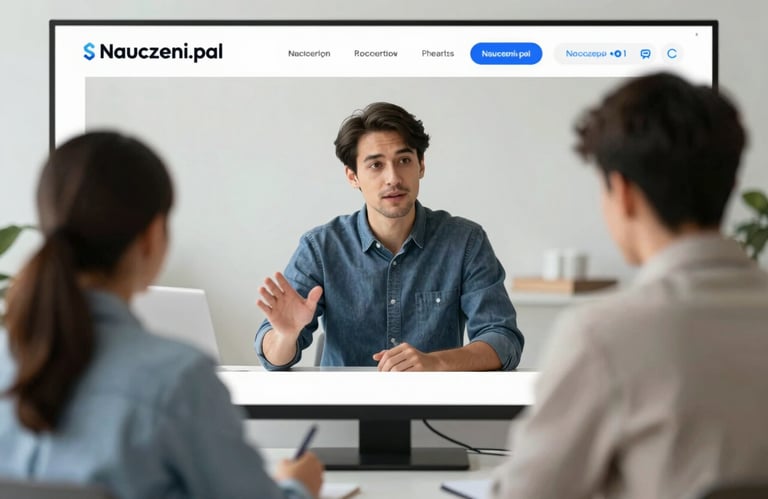 An online tutor engaging with a student on a split screen, representing the Nauczeni.pl framework, professional lighting, corporate color palette.