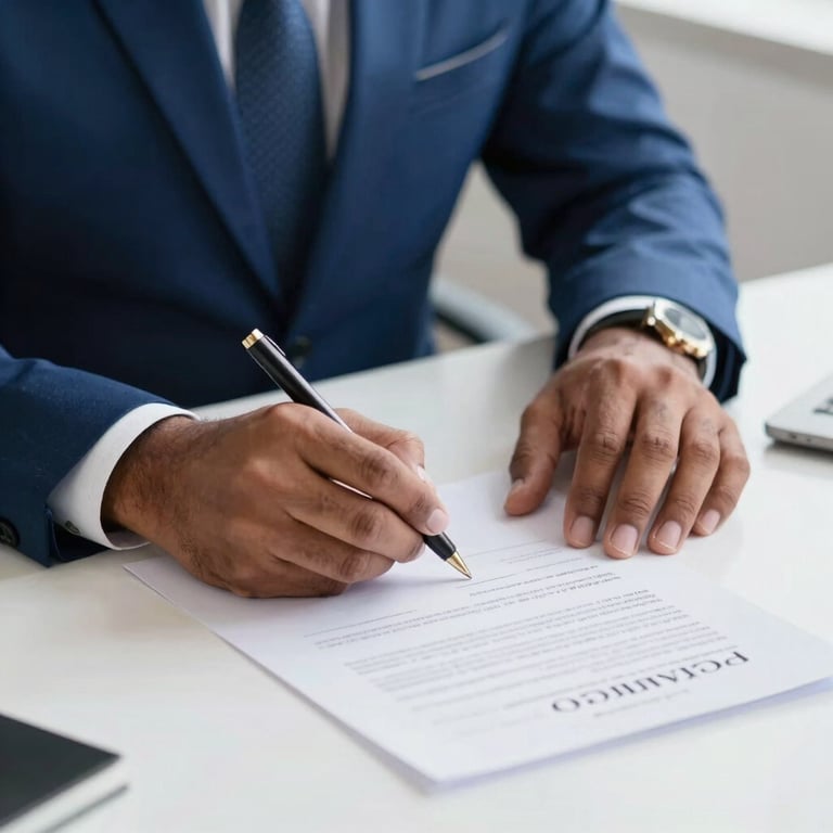 A focused close-up photograph of a South Asian professional signing a contract on a sleek white desk. The lighting is bright and crisp, emphasizing themes of agreement and commitment. Deep royal blue accents in the attire.