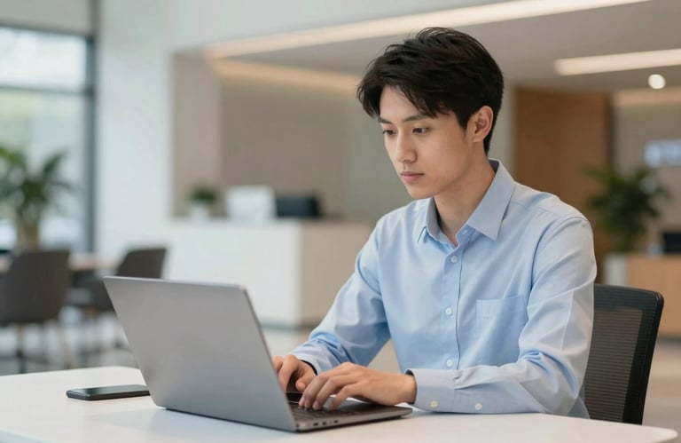 A professional accountant using a laptop in a clean, modern workspace, with a blurred background of a professional lobby.