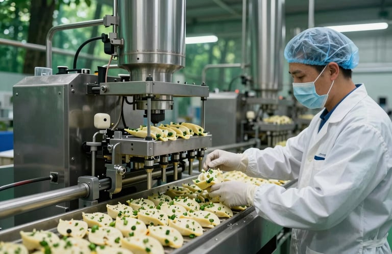 Professional industrial food production line in a Colombian factory, high quality control standards, clean environment with forest green accents.