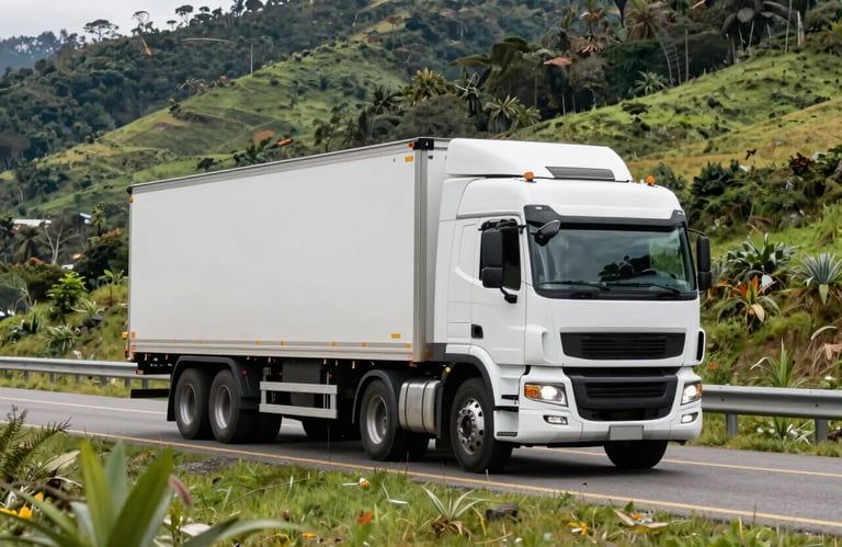 A modern transport truck moving efficiently through a lush Colombian mountain highway, representing reliable international logistics and green landscape.