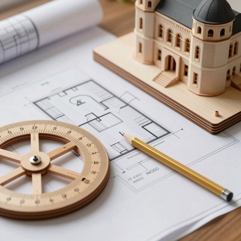 A designer's desk with architectural blueprints, a wooden scale model, and a gold pencil, representing the planning phase of a renovation project, European style.