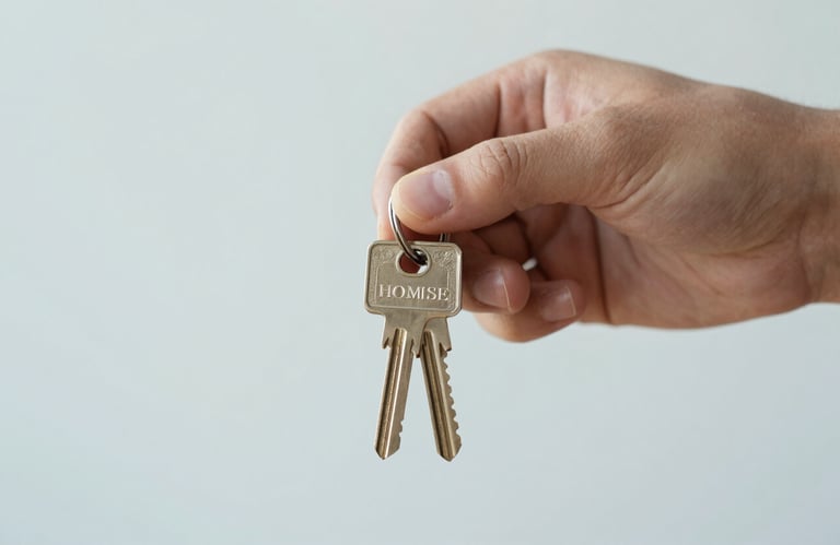 A detailed close-up of house keys being handed over, symbolize a successful sale. Empathy and professional care. Lighting is soft and bright with #F7F9FB background.