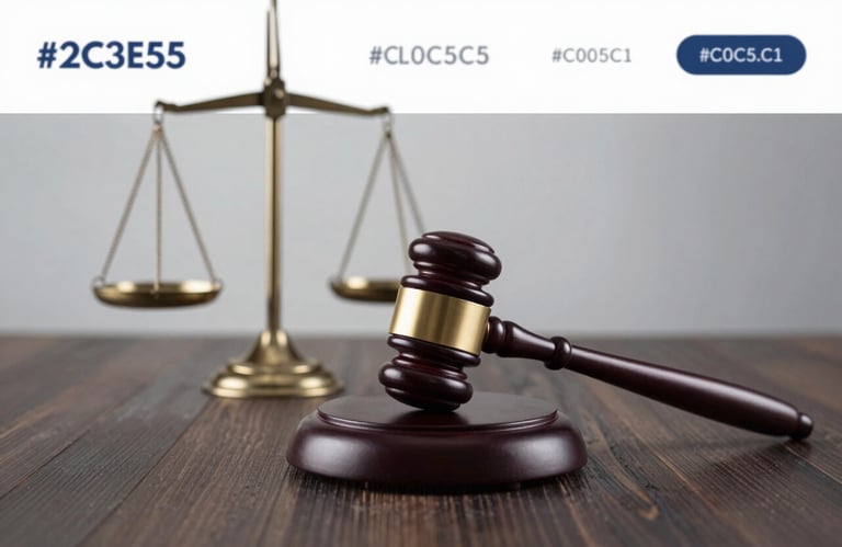 A set of legal scales of justice and a gavel on a dark wooden surface. Soft, professional lighting. Brand mood of precision and legal expertise. Tones of #2C3E50 and #C0C5C1.