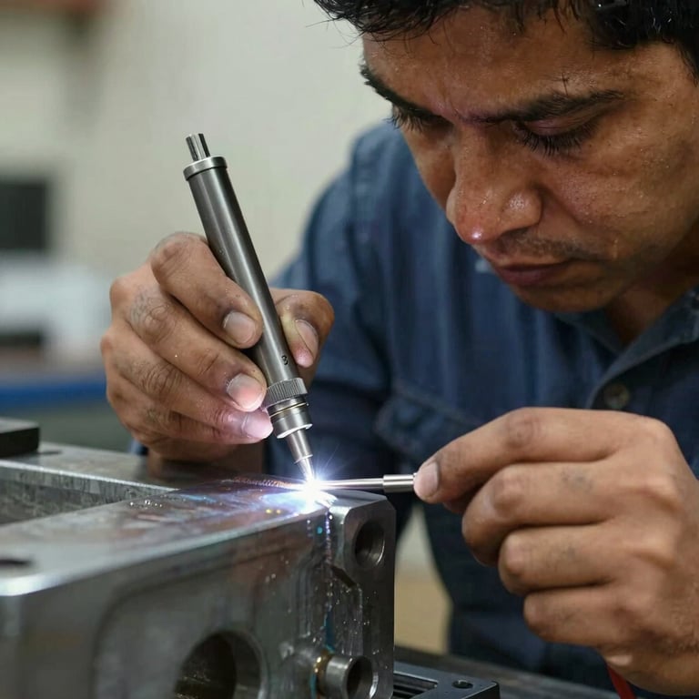 Close-up of a Latin American technician using a precision measuring tool on a steel weldment, professional focused lighting on the metal texture.