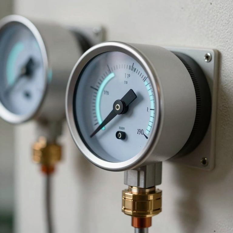A detailed close-up of advanced HVAC sensors and air-flow meters with silver metallic finishes and subtle light cyan status indicators.