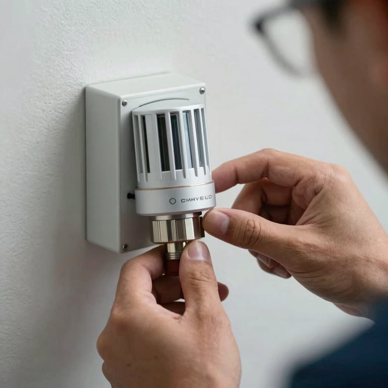 A close-up of a high-tech silver thermostat interface being operated by a professional HVAC technician in a corporate Miami setting.