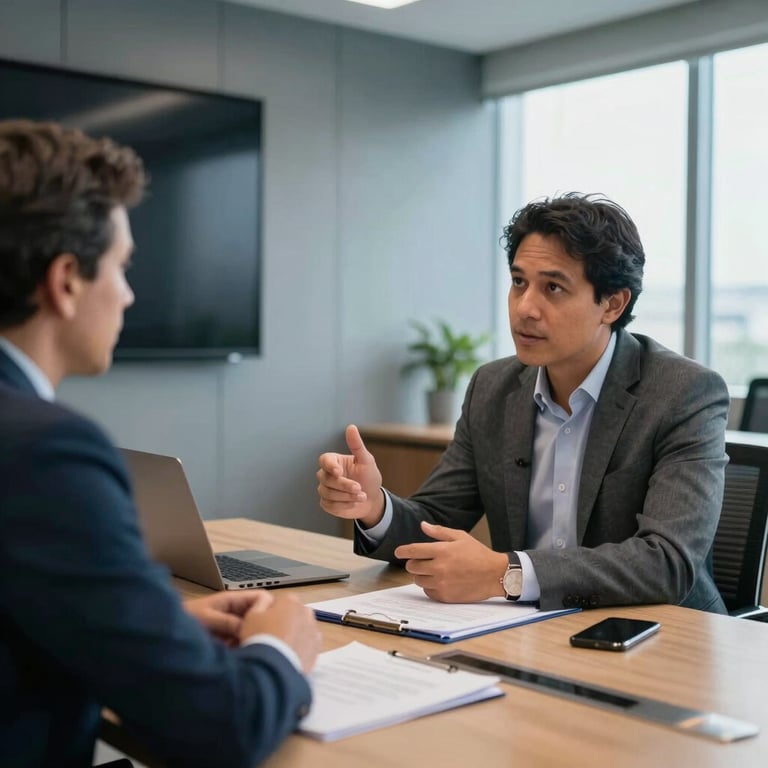Two professionals in a meeting room in Brazil, discussing strategy with a clean, modern aesthetic and steel blue accents in the decor.