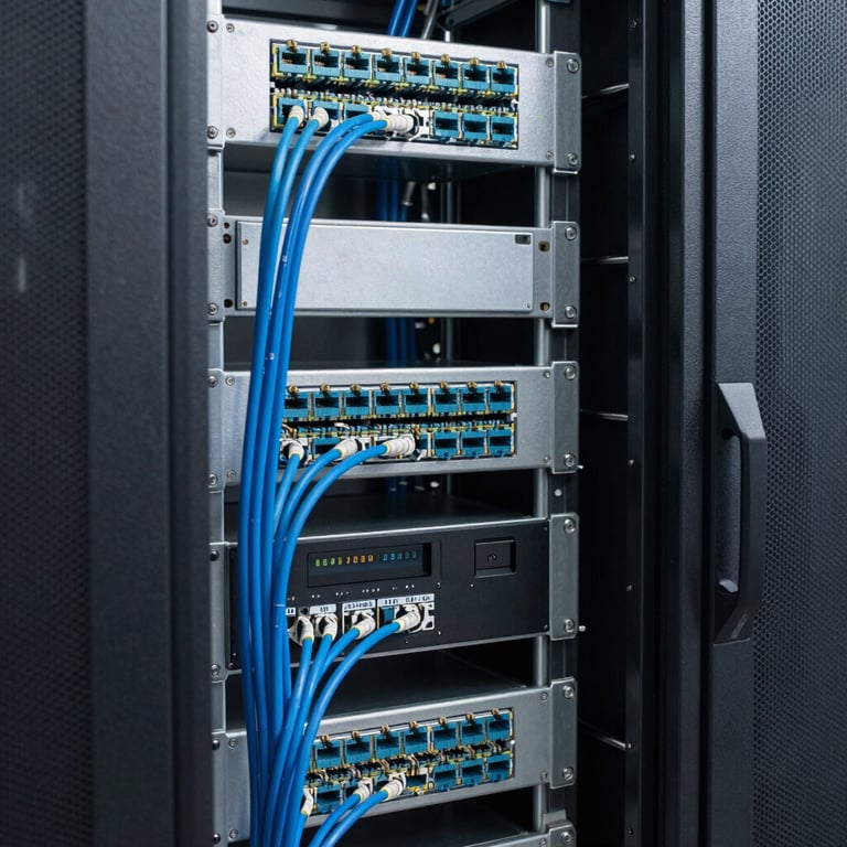 A clean and organized server room with blue network cables and professional security storage equipment, reflecting high-tech reliability.