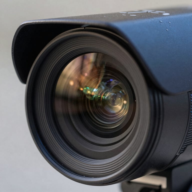 Close-up macro shot of a high-quality CCTV camera lens, showing intricate glass reflections and a professional slate blue casing.