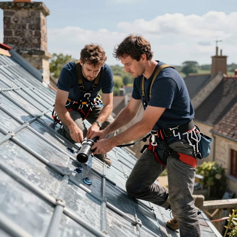 Un artisan couvreur équipé d'un harnais inspectant l'étanchéité du zinc autour d'une cheminée sur un toit traditionnel français, par une journée ensoleillée.