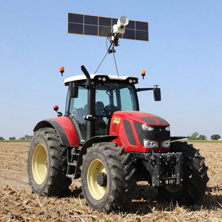 Close-up of a GPS antenna mounted on a tractor with satellite signals depicted around it.
